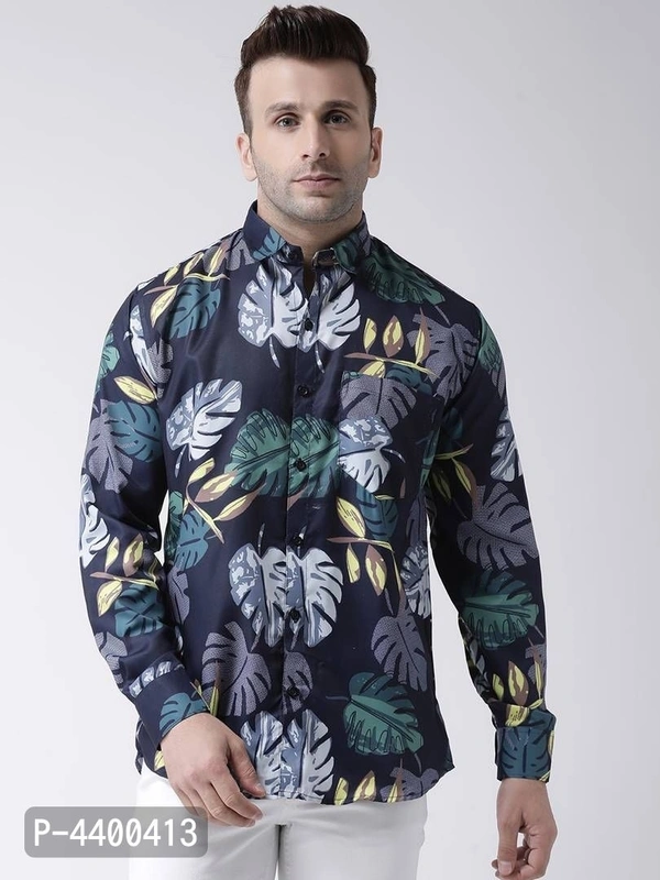 Stylish Navy Blue Printed Cotton Blend Slim Fit Casual Shirt For Men - 42 inches, Navy Blue