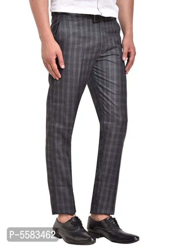 Stylish Polycotton Grey Checked Front Line Formal Trouser For Men - Grey, 34 inches