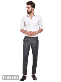 Stylish Polycotton Grey Checked Front Line Formal Trouser For Men - Grey, 34 inches