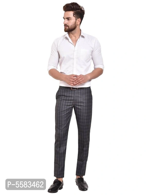 Stylish Polycotton Grey Checked Front Line Formal Trouser For Men - Grey, 34 inches