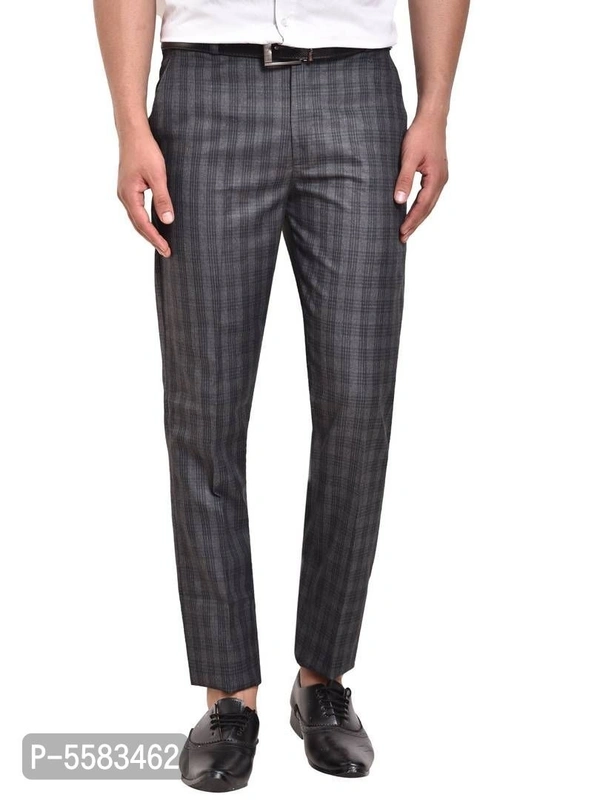 Stylish Polycotton Grey Checked Front Line Formal Trouser For Men - Grey, 34 inches