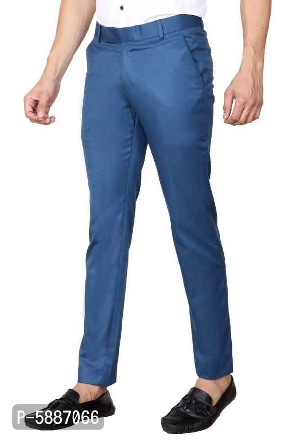 Stylish Cotton Blend Blue Solid Mid-Rise Stretchable Formal Trousers For Men - Blue, 34 inches
