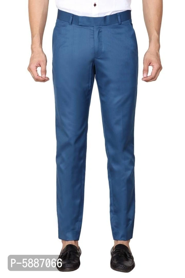 Stylish Cotton Blend Blue Solid Mid-Rise Stretchable Formal Trousers For Men - Blue, 34 inches