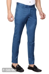 Stylish Cotton Blend Blue Solid Mid-Rise Stretchable Formal Trousers For Men - Blue, 34 inches
