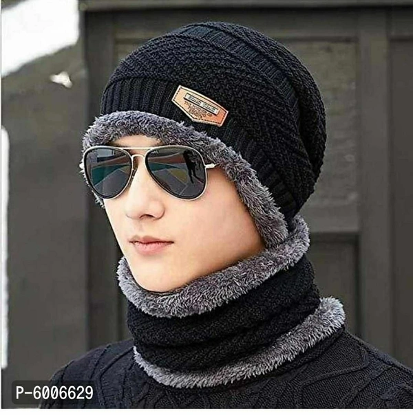 Fabulous Trendy Black Woolen Fur Caps For Men - Black, Free size