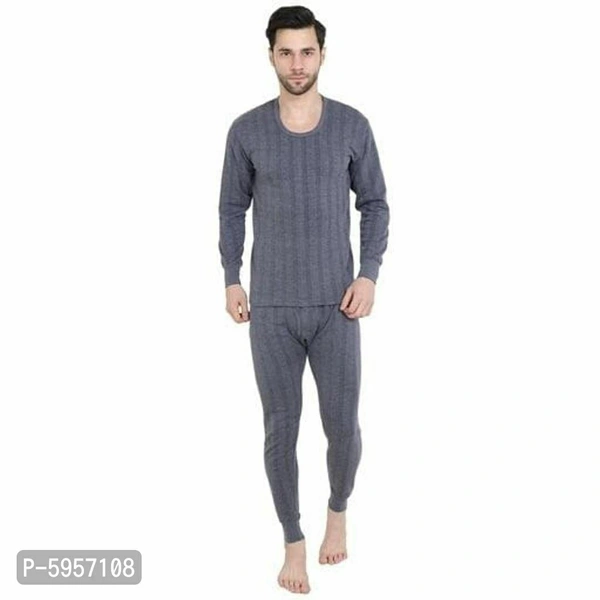 Cotton Solid Full Sleeves Round Neck Thermal Set - Grey, L(38 inches)
