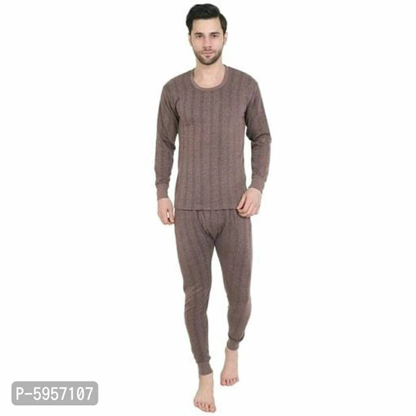 Cotton Solid Full Sleeves Round Neck Thermal Set - Brown, XL(40 inches)