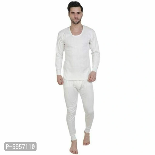 Cotton Solid Full Sleeves Round Neck Thermal Set - White, L(38 inches)
