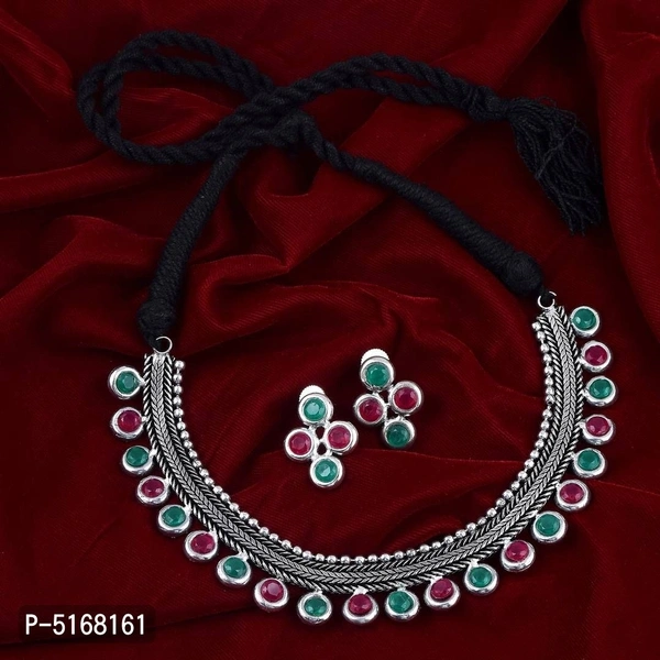 Shimmering Multicoloured Silver Oxidized Beads Designer Jewellery Set For Women - Multicoloured