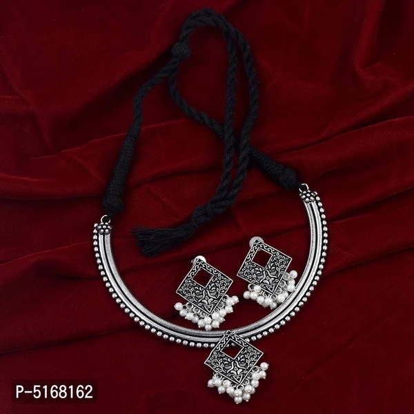 Shimmering Silver Oxidized Beads Designer Jewellery Set For Women - Silver