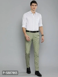 Stylish Cotton Blend Green Solid Mid-Rise Stretchable Formal Trousers For Men - Green, 32 inches