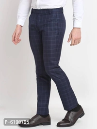 Stylish Viscose Checked Full Length Flat Front Formal Trouser For Men - Blue, 30 inches