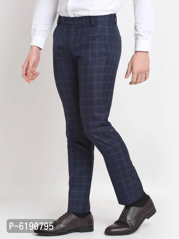 Stylish Viscose Checked Full Length Flat Front Formal Trouser For Men - Blue, 30 inches