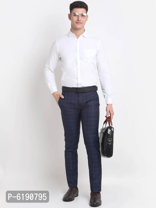 Stylish Viscose Checked Full Length Flat Front Formal Trouser For Men - Blue, 32 inches