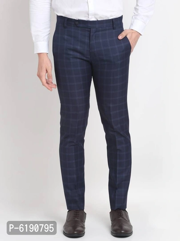 Stylish Viscose Checked Full Length Flat Front Formal Trouser For Men - Blue, 36 inches