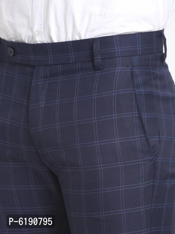 Stylish Viscose Checked Full Length Flat Front Formal Trouser For Men - Blue, 38 inches