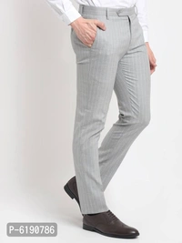 Stylish Viscose Striped Full Length Flat Front Formal Trouser For Men - Grey, 36 inches