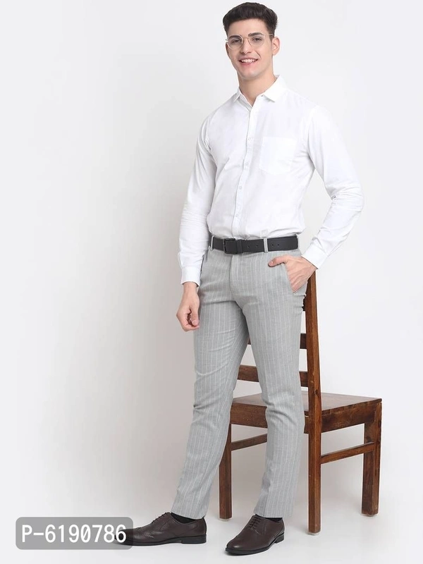 Stylish Viscose Striped Full Length Flat Front Formal Trouser For Men - Grey, 36 inches
