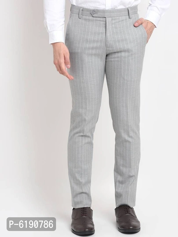 Stylish Viscose Striped Full Length Flat Front Formal Trouser For Men - Grey, 36 inches