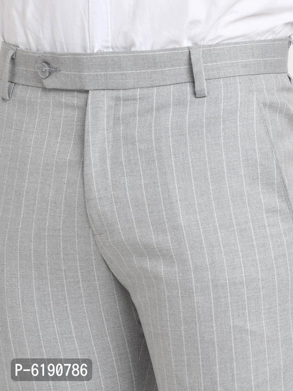 Stylish Viscose Striped Full Length Flat Front Formal Trouser For Men - Grey, 38 inches