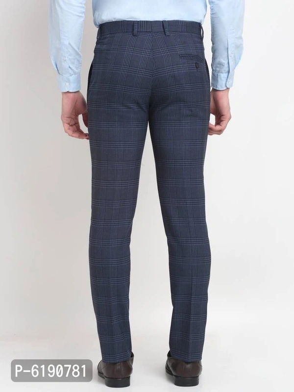 Stylish Viscose Checked Full Length Flat Front Formal Trouser For Men - Blue, 30 inches