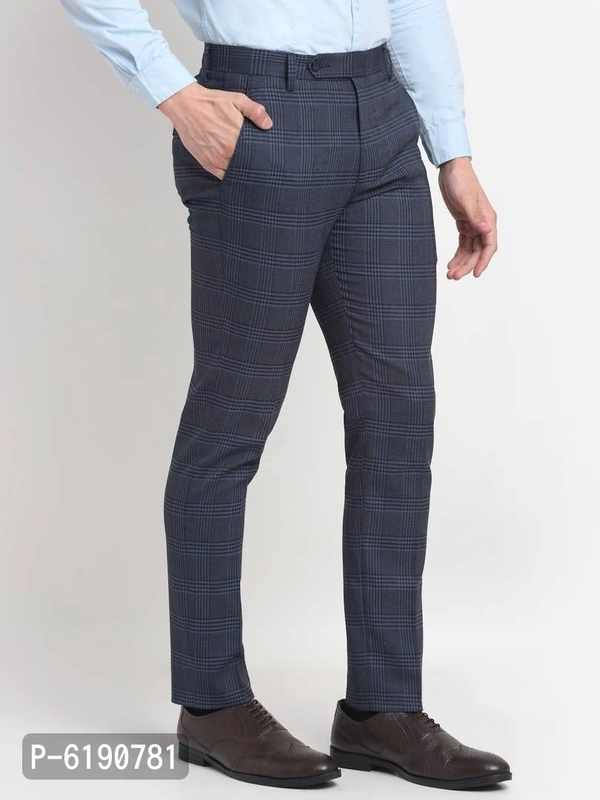 Stylish Viscose Checked Full Length Flat Front Formal Trouser For Men - Blue, 30 inches