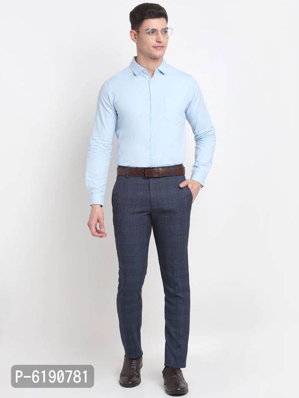 Stylish Viscose Checked Full Length Flat Front Formal Trouser For Men - Blue, 32 inches