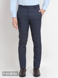 Stylish Viscose Checked Full Length Flat Front Formal Trouser For Men - Blue, 38 inches