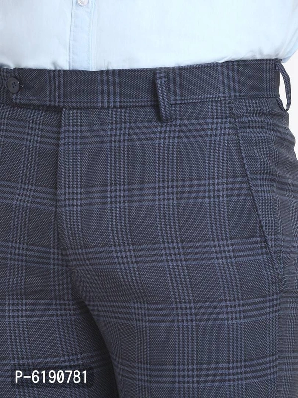 Stylish Viscose Checked Full Length Flat Front Formal Trouser For Men - Blue, 38 inches