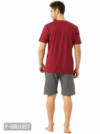 Stylish Cotton Maroon Printed Round Neck Half Sleeves T-shirt With Shorts Night Wear Set For Men - Maroon, M(39 inches)