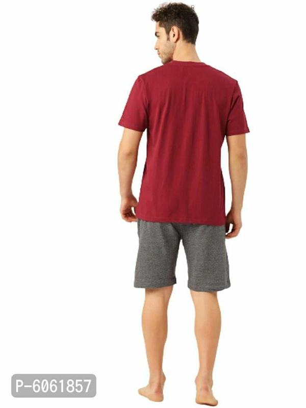 Stylish Cotton Maroon Printed Round Neck Half Sleeves T-shirt With Shorts Night Wear Set For Men - Maroon, M(39 inches)