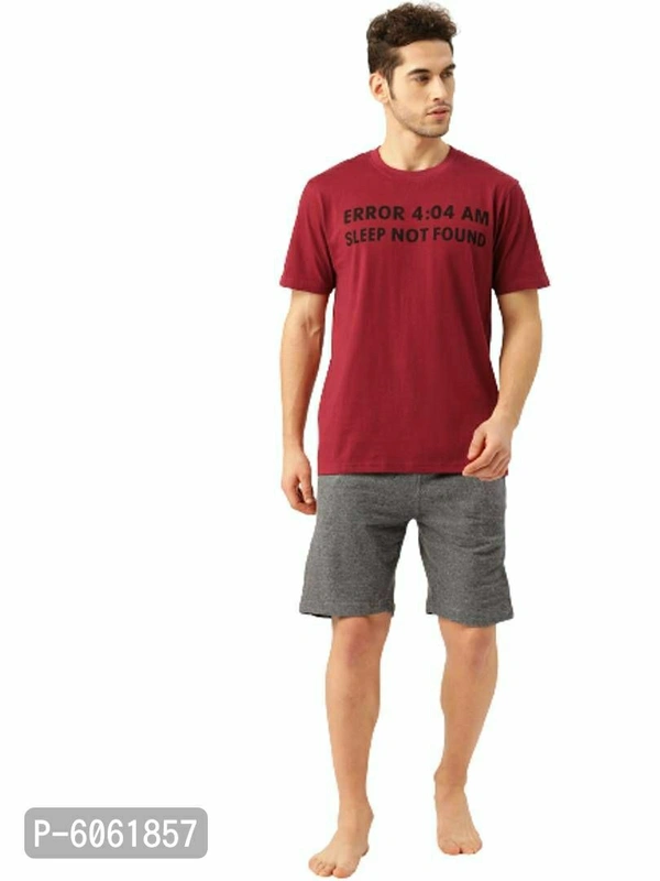 Stylish Cotton Maroon Printed Round Neck Half Sleeves T-shirt With Shorts Night Wear Set For Men - Maroon, L(40 inches)