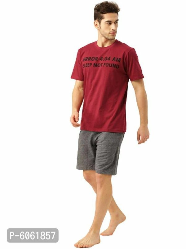 Stylish Cotton Maroon Printed Round Neck Half Sleeves T-shirt With Shorts Night Wear Set For Men - Maroon, L(40 inches)