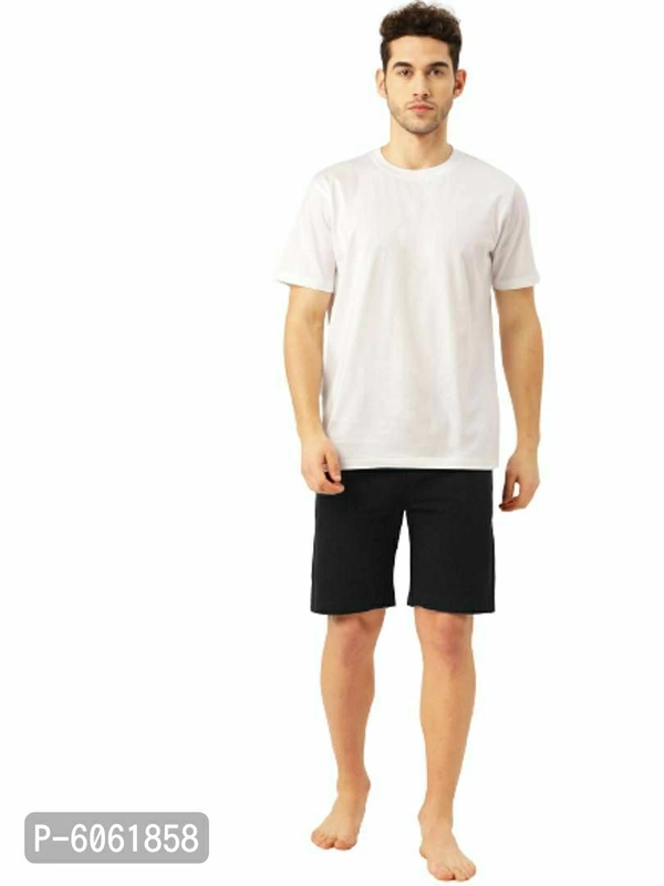 Stylish Cotton White Solid Round Neck Half Sleeves T-shirt With Shorts Night Wear Set For Men - White, M(39 inches)