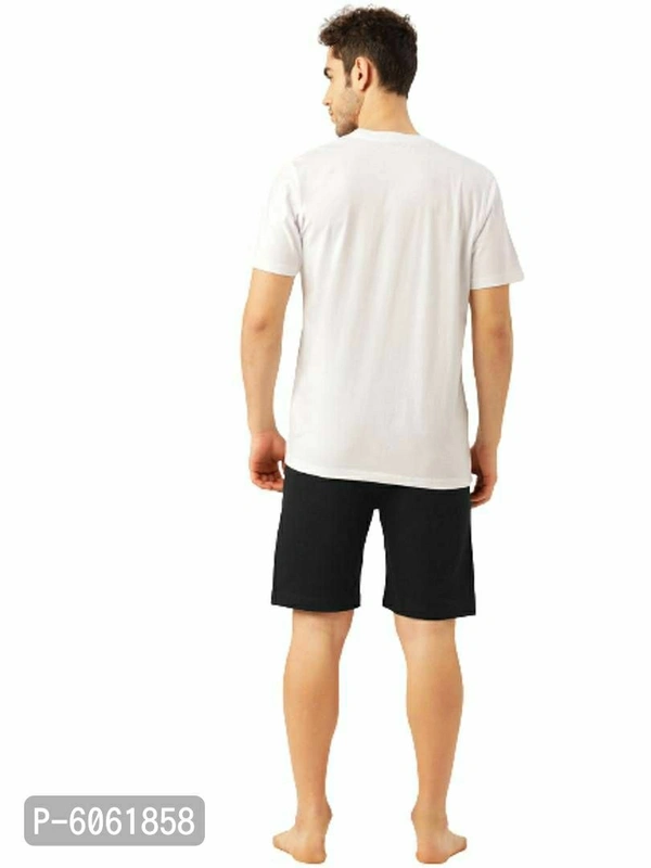 Stylish Cotton White Solid Round Neck Half Sleeves T-shirt With Shorts Night Wear Set For Men - White, L(40 inches)
