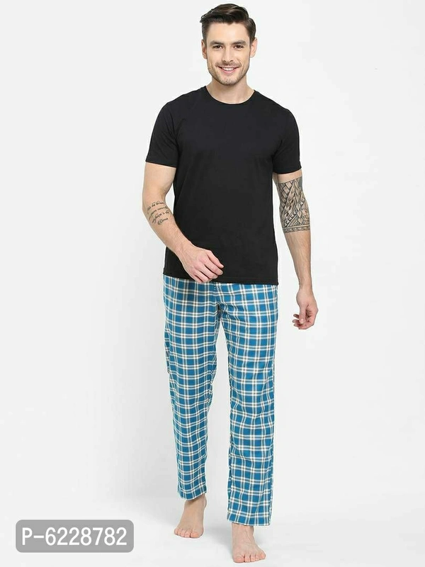 Stylish Blue Cotton Checked Lounge Pants For Men - Blue, XL(42 inches)