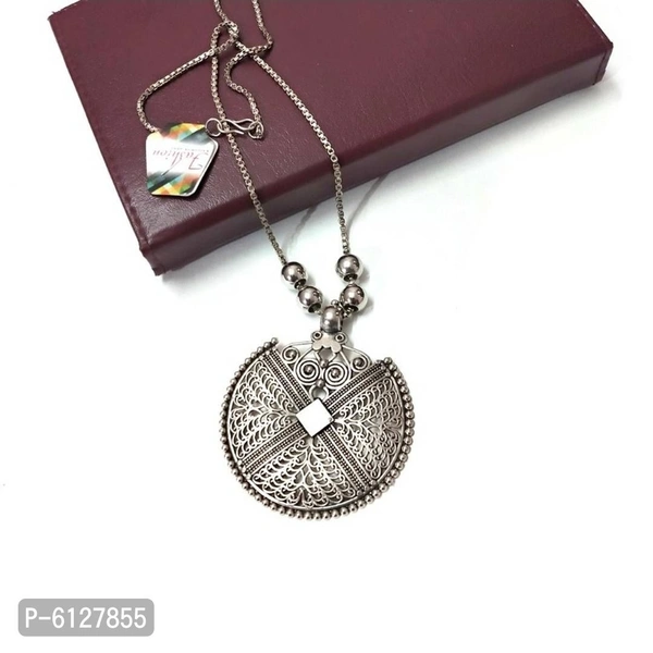 Stylish Oxidised Pendant with Chain - Silver