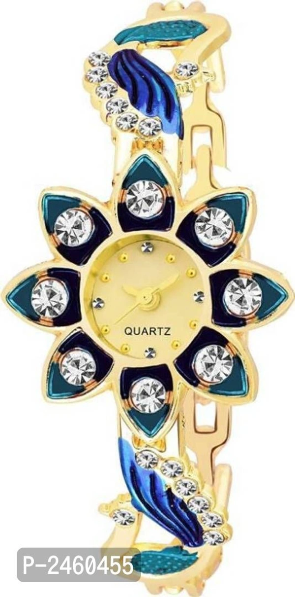 New Stylish Blue Golden Diamond Studded SunFlower Watch For Women - Blue