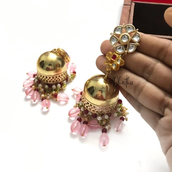 ZARAA - KUNDAN JUMKI D344 - PASTEL PINK, 9.5 cms 