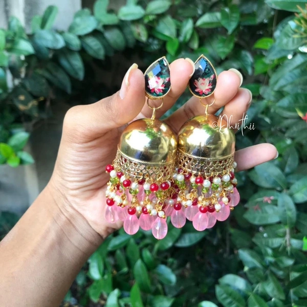 KRISHINI - KUNDAN JUMKA D449 - PASTEL PINK , 7.5 cms 