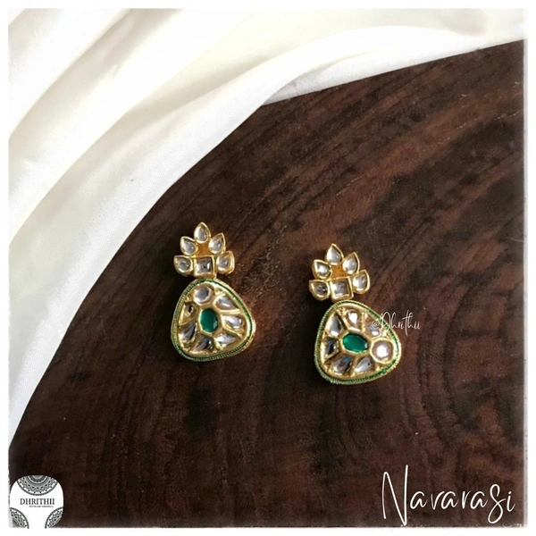 NAVARASI - D56 KUNDAN EARRINGS  - GREEN AND WHITE, 4.5 Cms -5 cms approx