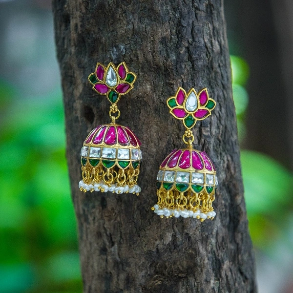 KUNDAN JADAU EARRINGS LOTUS JUMKAS  - 4.5 Cms 