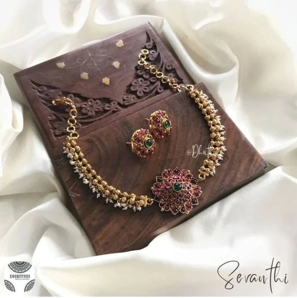 SEVANTHI -KEMP NECKLACE  - kemp red, With Earrings, Default