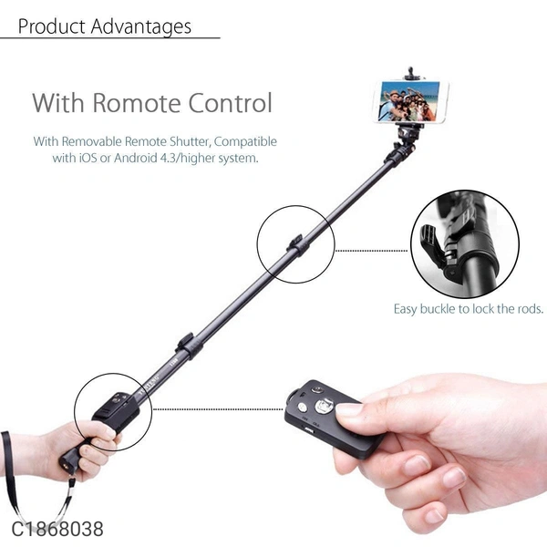 YT 1288 Aluminium Alloy Extendable Selfie Stick with Bluetooth Remote Shutter BlackPackage Contains: 1 piece of YT 1288 Aluminium Alloy Extendable Selfie Stick with Bluetooth Remote Shutter BlackMaterial: Plastic & MetalColor: BlackAdditional Information: YT 1288 Aluminium Alloy Extendable Selfie Stick with Bluetooth Remote Shutter Black1.This Selfie Stick is compatible with all Sm