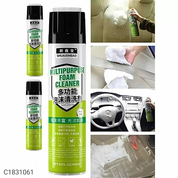 Multi Purpose Car And Home Foam CleanerPackage Contains: It has 1 Piece of Foam CleanerMaterial: FoamCapacity: 650 MLProduct Weight : 150 gmFeatures: -Can quickly remove all kinds of dirt on the surface of the object and looks almost brand new-Convenient to clean the parts of the vehicle, such as cushion, dashboard, side panel, ceiling and etc-Clean effectively surface such as leat