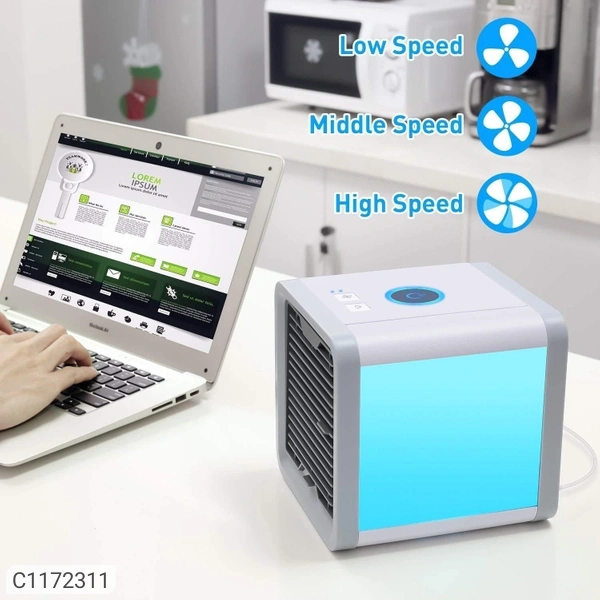 It Has 1 Piece of Mini Portable Air Cooler & 1 USB CableMaterial: ABS PlasticDimension ( L x B x H in cm ): 14.15 x 14.15 x 14.853 Function in one: Cools, Humidifies, and Purifies for Better Air.Adapter Input : 5V DC, 2aUsb Line Length : 190 cmPower : 8WItem Weight : 750 gmPackaging Dimension ( L x B x H in cm ) : 18 x 16 x 16Feature :1. 3 functions in one: Cools, Humidifies, and P