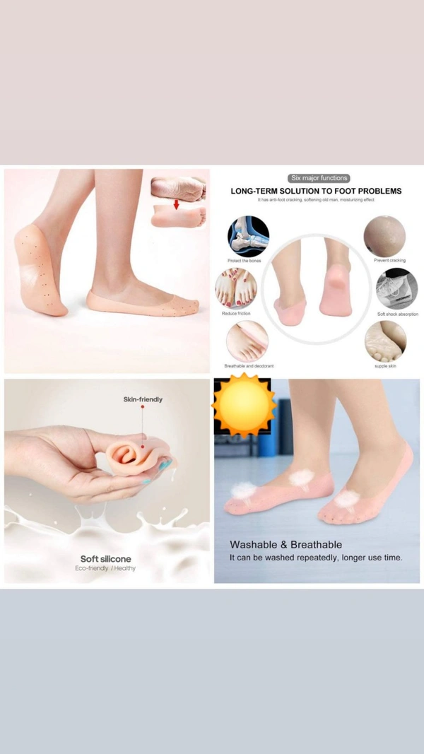 Anti Crack Heel Full Length SocksThese full-length silicone socks pads are self-sticky. When you wear them, alone, they don't slip but provide cushioning and support to your ankles and heel, thus protecting your feet. They fit well in all kinds of shoes with or without socks.Price- 290