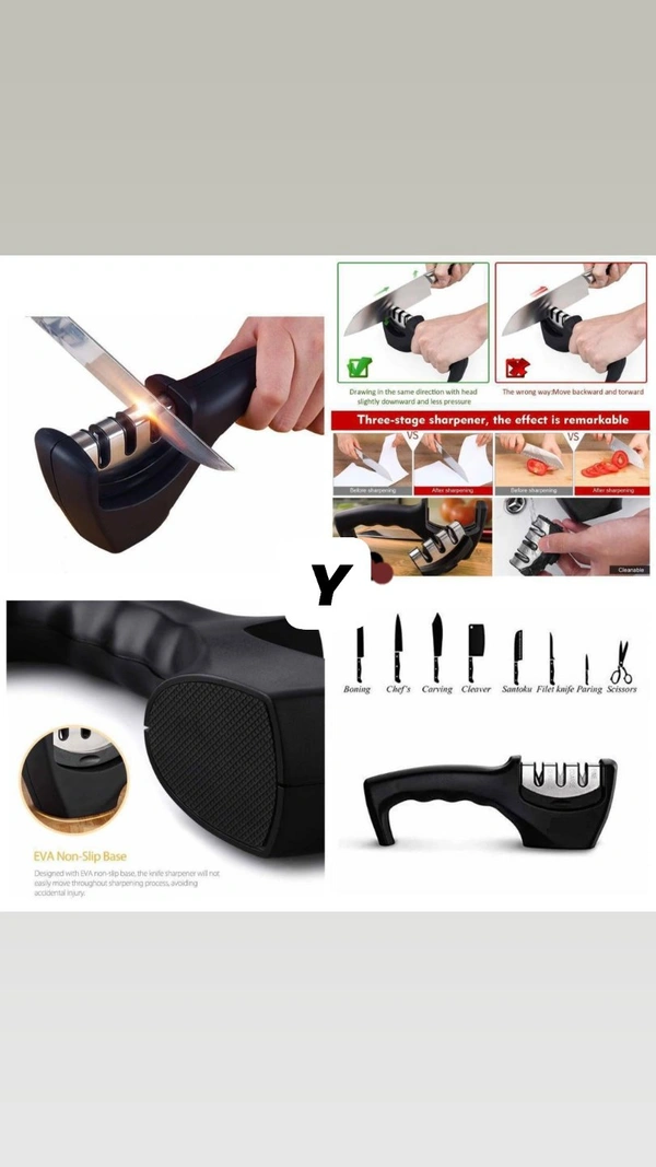 Knife Sharpener   Manual Knife Sharpener * 3-Step Knife Sharpening System* 1st diamond sharpening rod repairs and straightens damaged blades before* 2nd slot sharpens to restore its V-shape.* Finally, the 3rd slot fine tunes for a clean polish.* Package includes: 1 piece Kitchen Knife SharpenerPrice- ---375₹