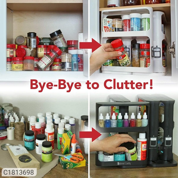 Cabinet Caddy- Plastic Multipurpose Cabinet CaddyPackage Contains: Product Description: Cabinet Caddy is a super organizer for all of your cluttered spaces! When getting organized, vertical storage is always best.Package Contains: It has 1 Piece of Cabinet CddyMaterial: PlasticDimension(L x B x H in inch): 10.75 x 10.75 x 5.25Features: -Perfect for your spices, medicine cabinet,bat