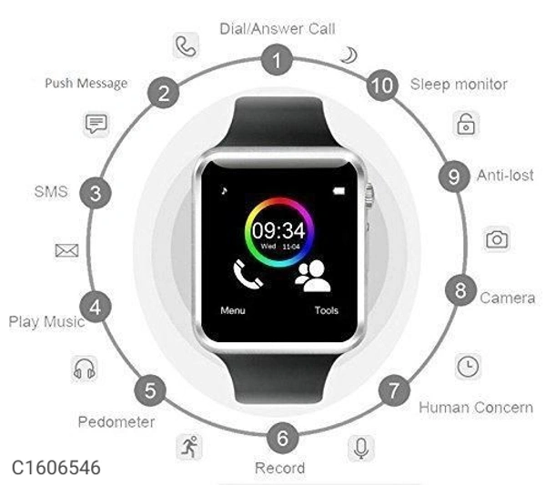 NAVYA A1 Smart Watch with Camera, Memory Card and SIM Card Support and Fitness Tracker Smartwatch for Mens Boys and Girls(Black)Standalone Phone Watch: Smart watch connected Android phone via Bluetooth or with GSM 2G SIM Card can be used as a cellphone to make/answer calls, send/get message directly.Multifunctional Smartwatch: Sport health: Pedometer, Calories Calculation, Sedentar
